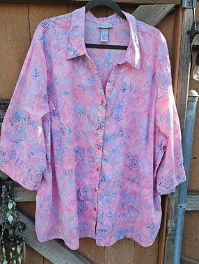 Plus Size Pink Floral Catherines Button-Front 100% Cotton Shirt